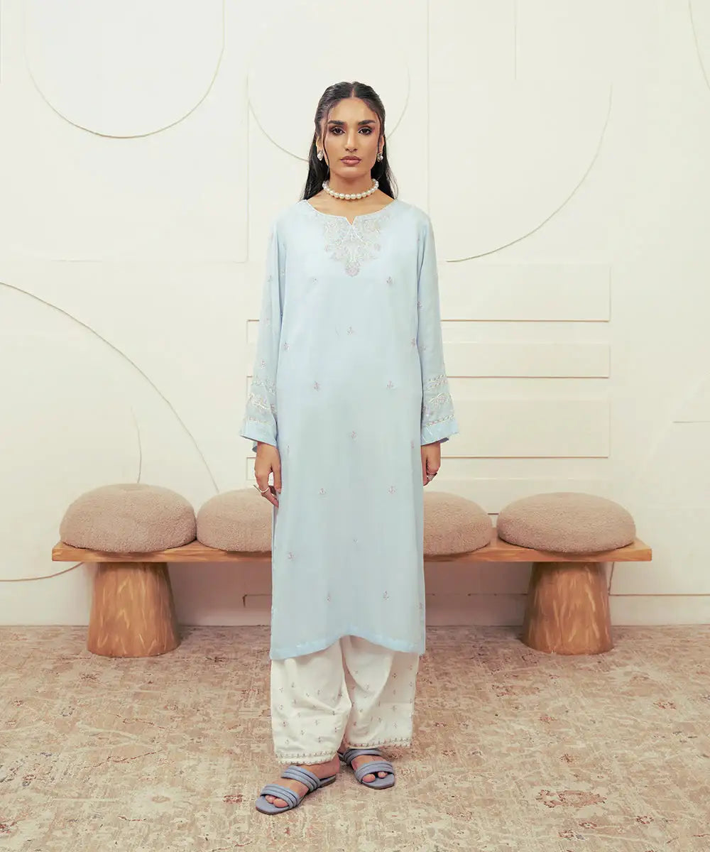 2PC - Embroidered Self Textured Suit - Kross Kulture