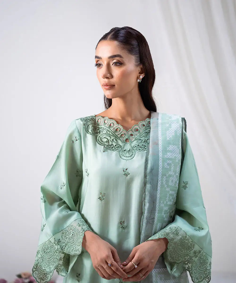 3PC - Embroidered Silk Lawn Suit - Kross Kulture