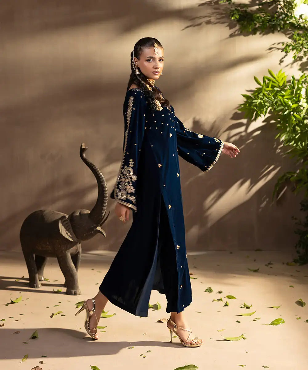 2PC - Embroidered Velvet Suit - Kross Kulture