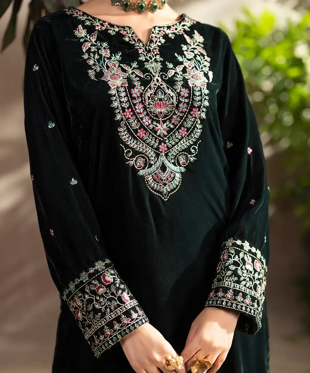 2PC - Embroidered Velvet Suit - Kross Kulture