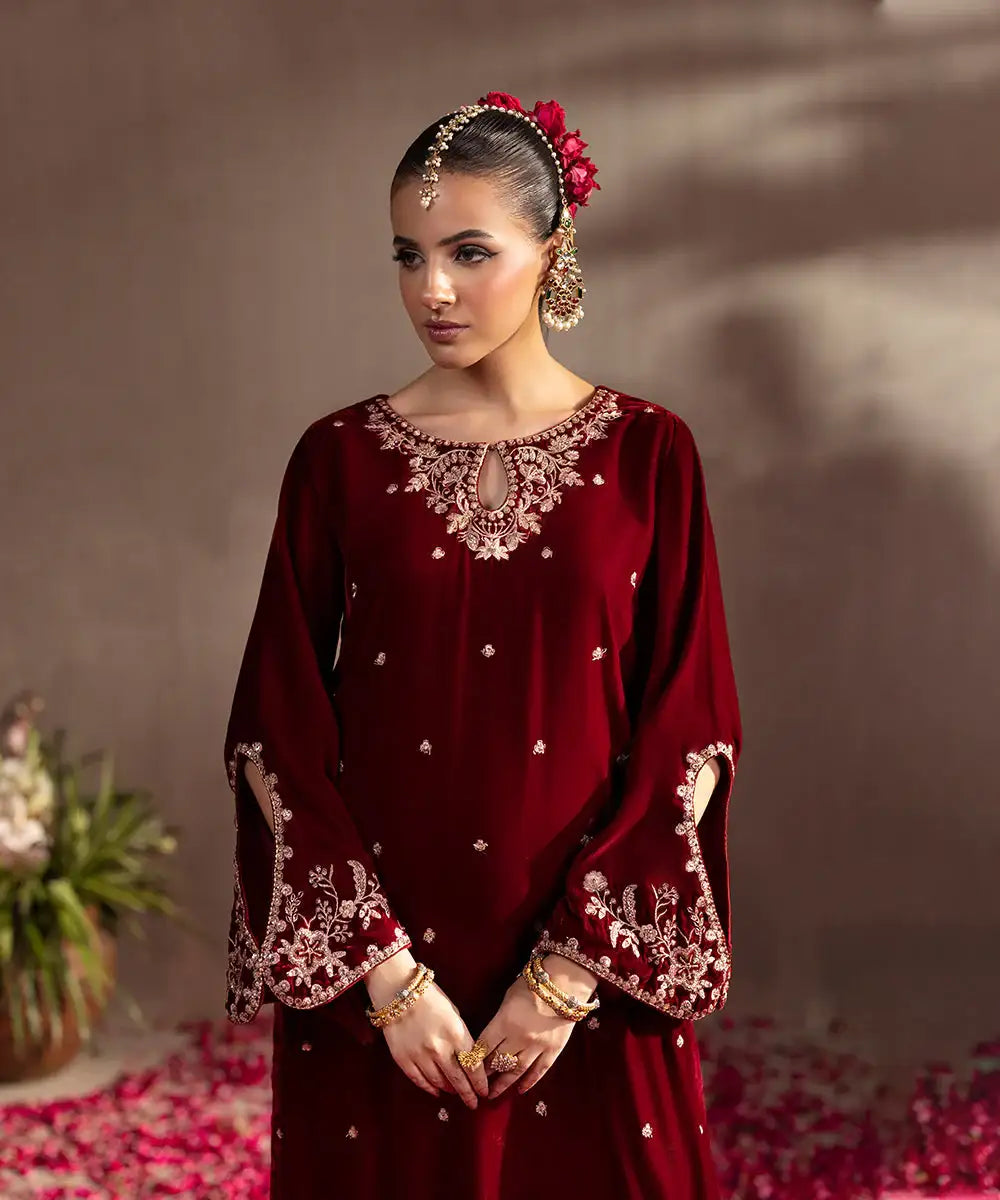 2PC - Embroidered Velvet Suit - Kross Kulture