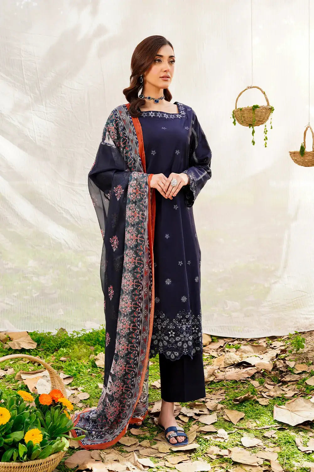 Safwa | Navy Bloom - 3PC Unstitched Suit (SKY06) - Mmall
