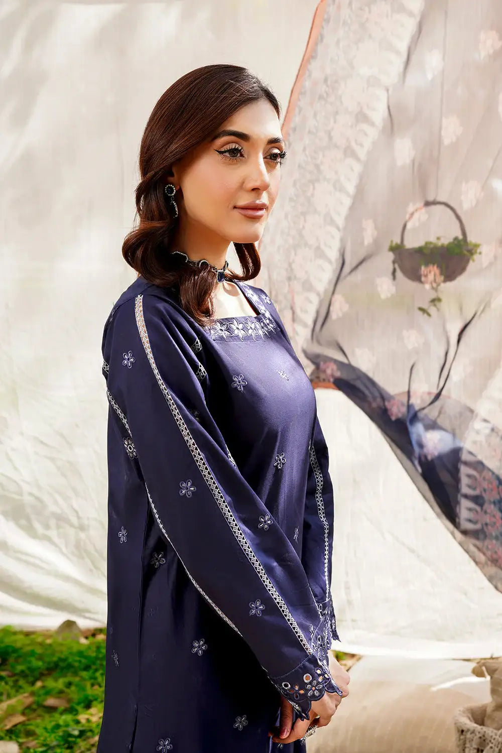 Safwa | Navy Bloom - 3PC Unstitched Suit (SKY06) - Mmall