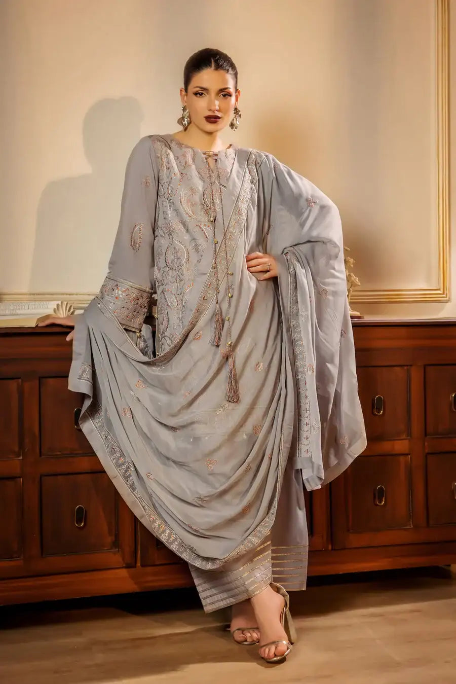 Safwa | Smoky Taupe – 3PC Unstitched Suit (FAR07) - Mmall