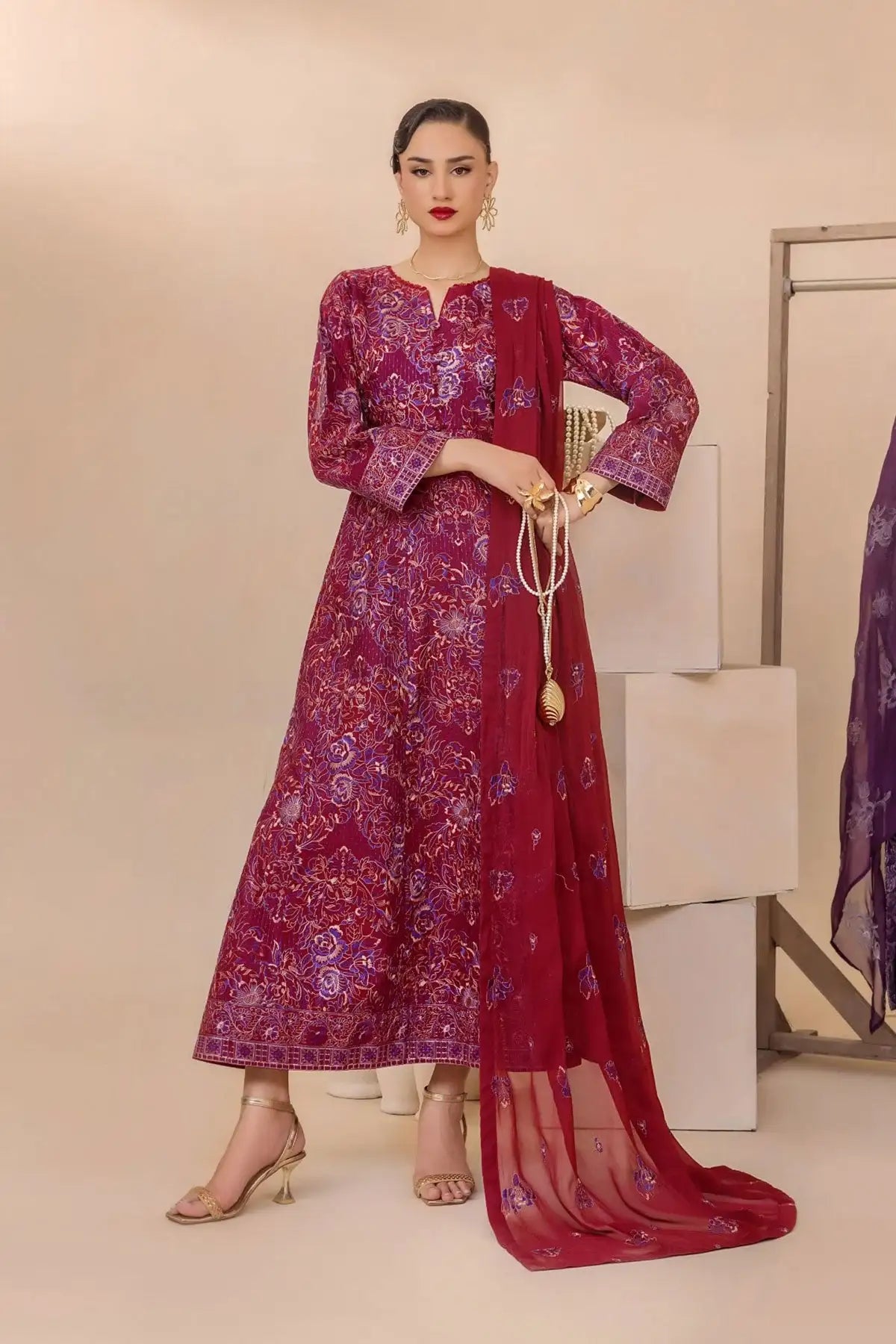 Safwa | Ruby Flare - 3PC Unstitched Suit (FLO06) - Mmall