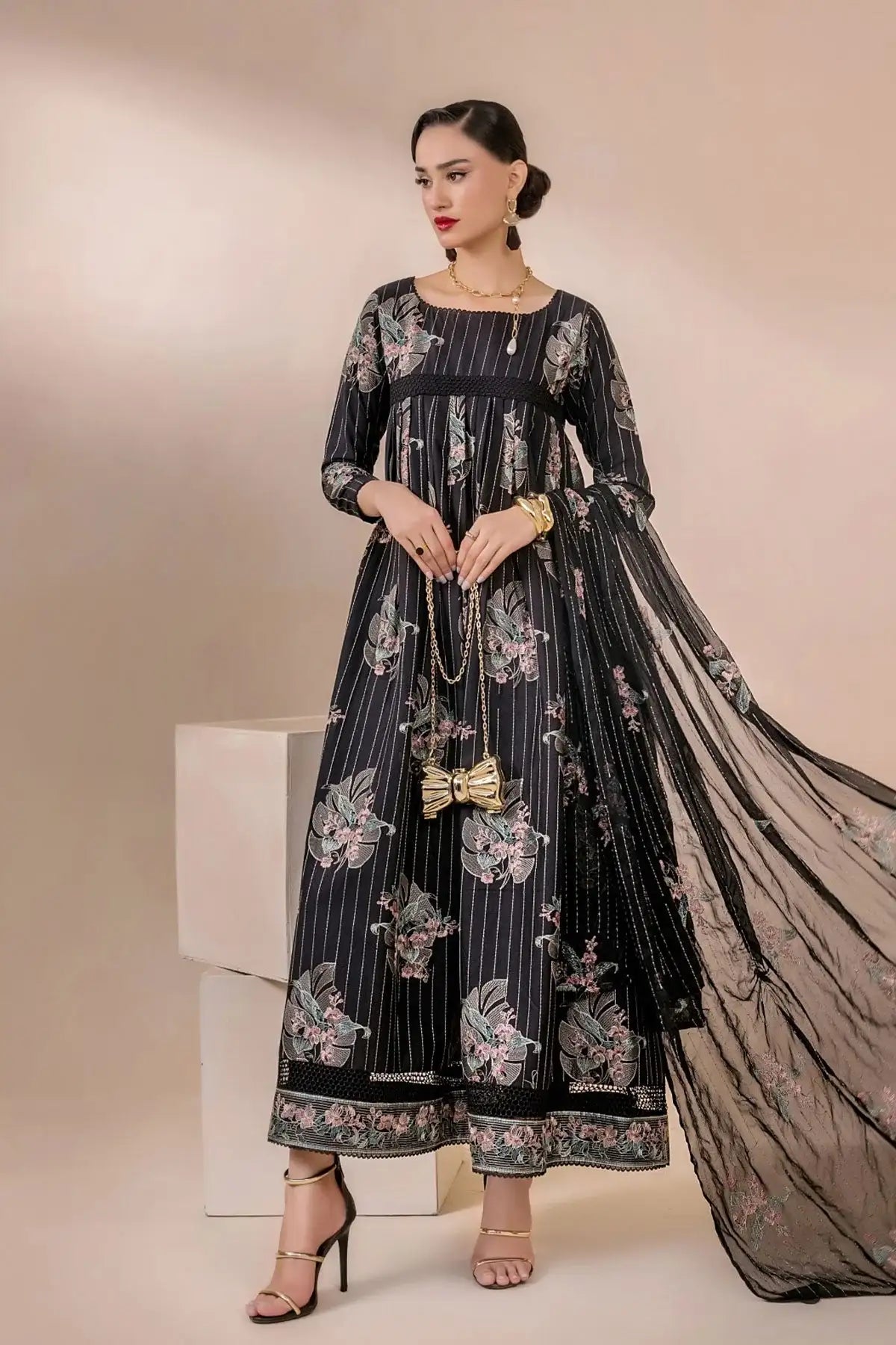 Safwa | Dark Blossom - 3PC Unstitched Suit (FLO08) - Mmall