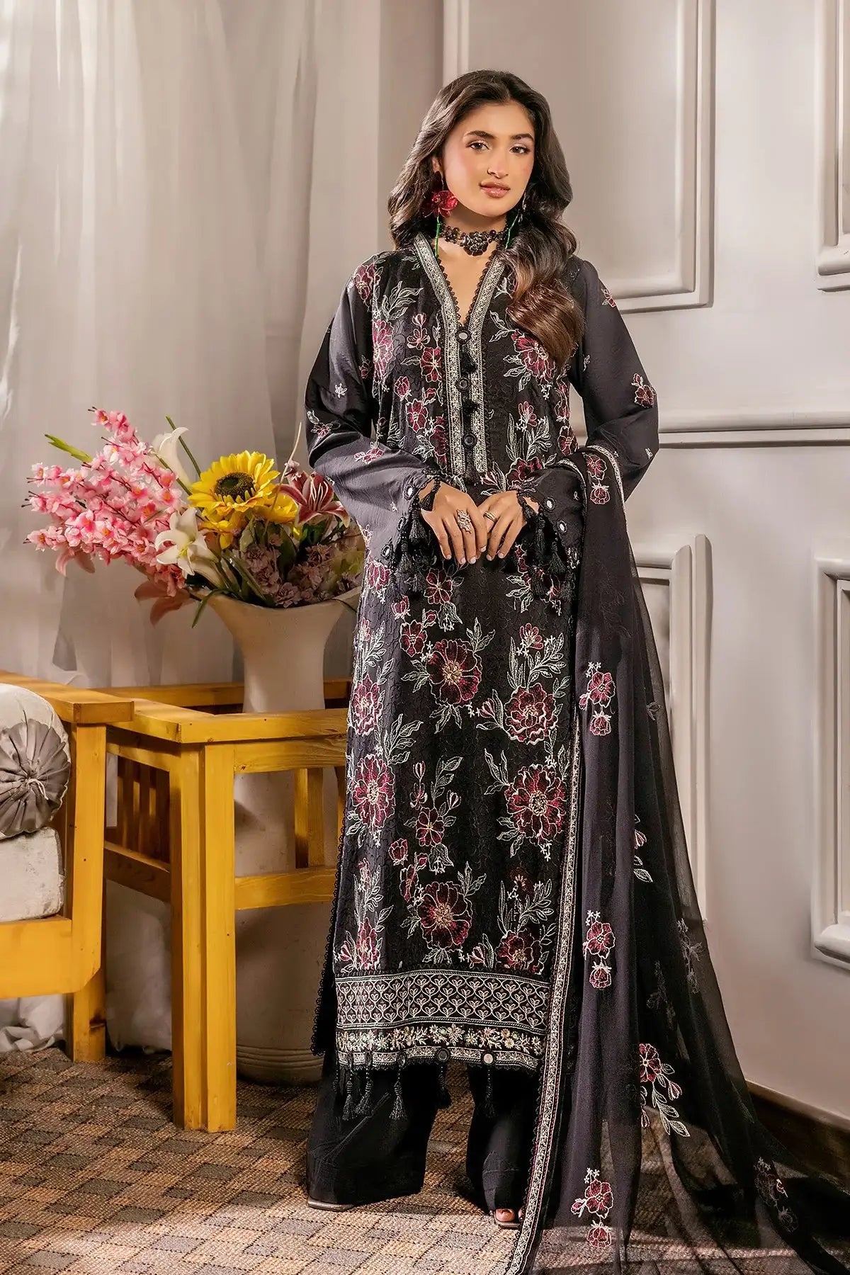 Safwa | Black Orchid - 3PC Unstitched Suit (FV09) - Mmall