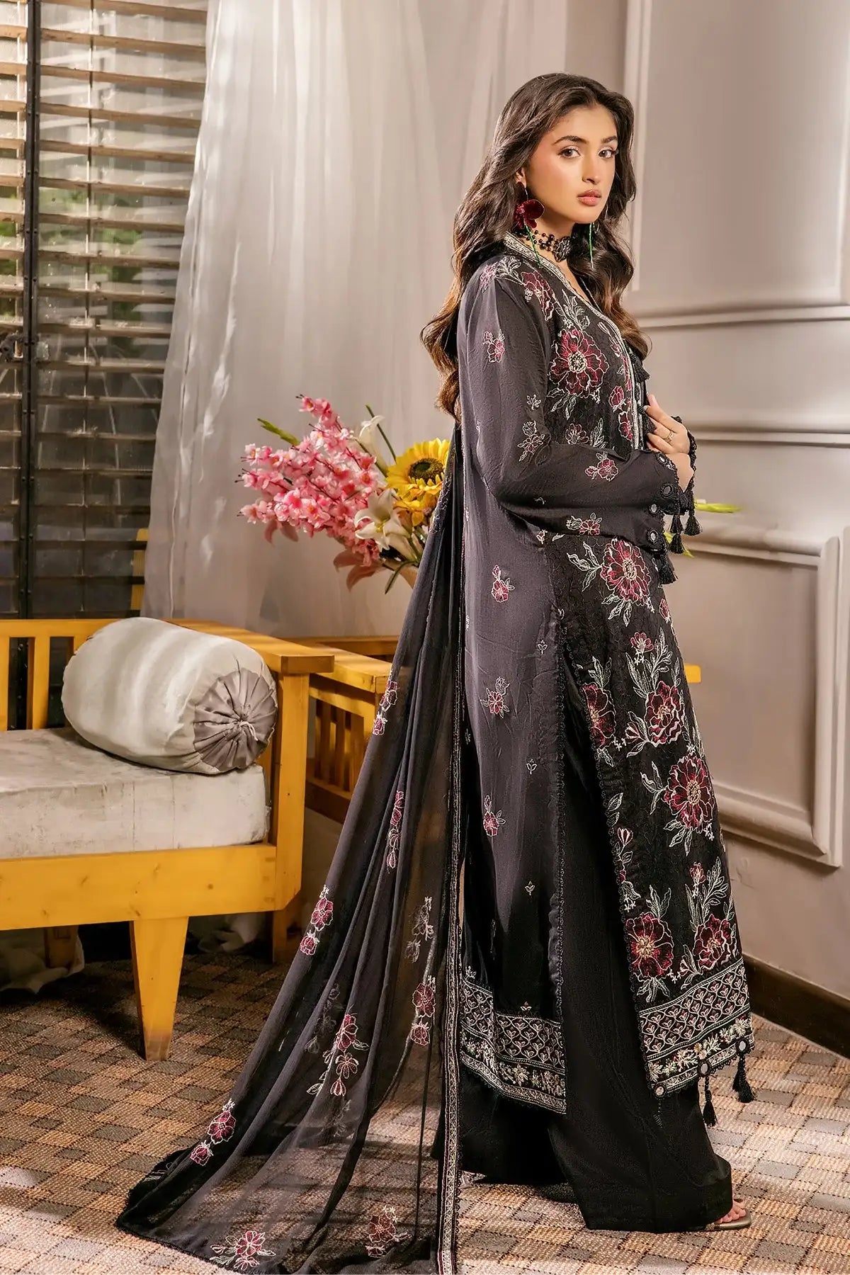 Safwa | Black Orchid - 3PC Unstitched Suit (FV09) - Mmall