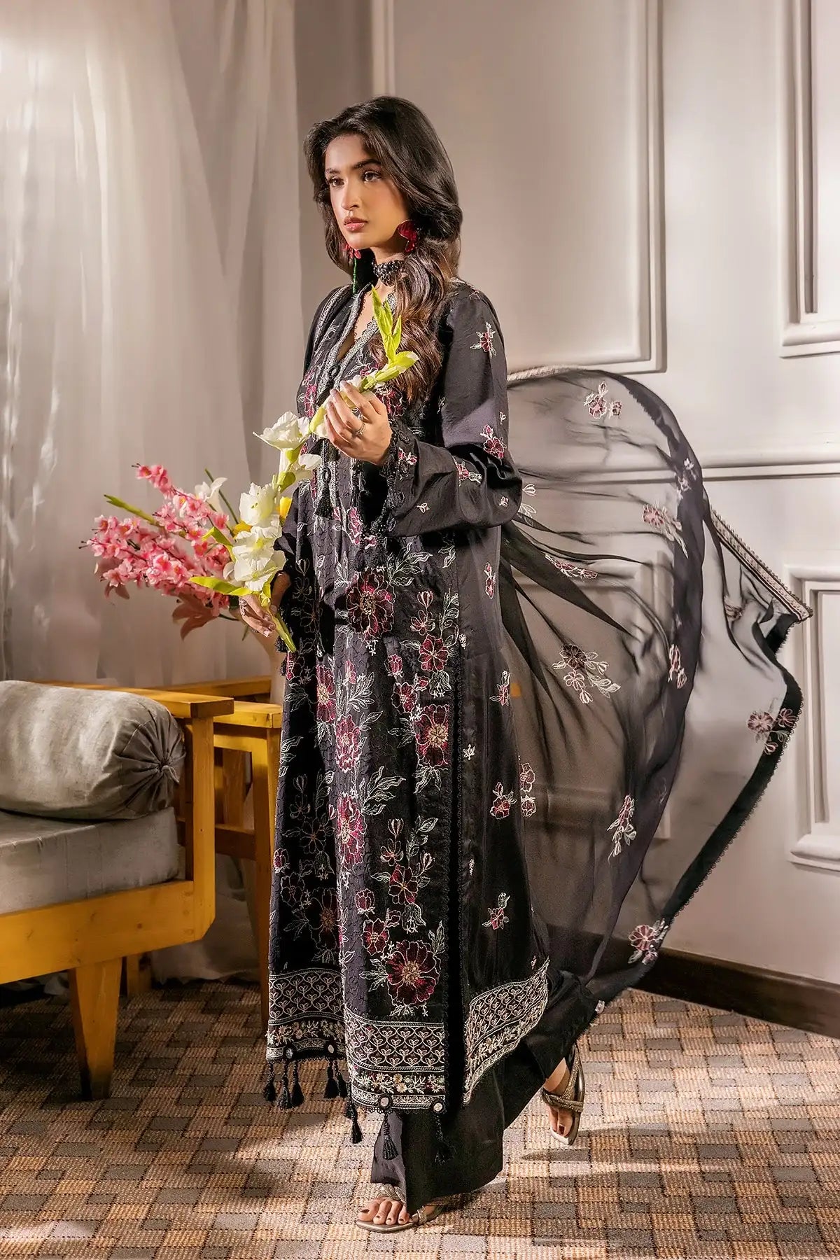 Safwa | Black Orchid - 3PC Unstitched Suit (FV09) - Mmall