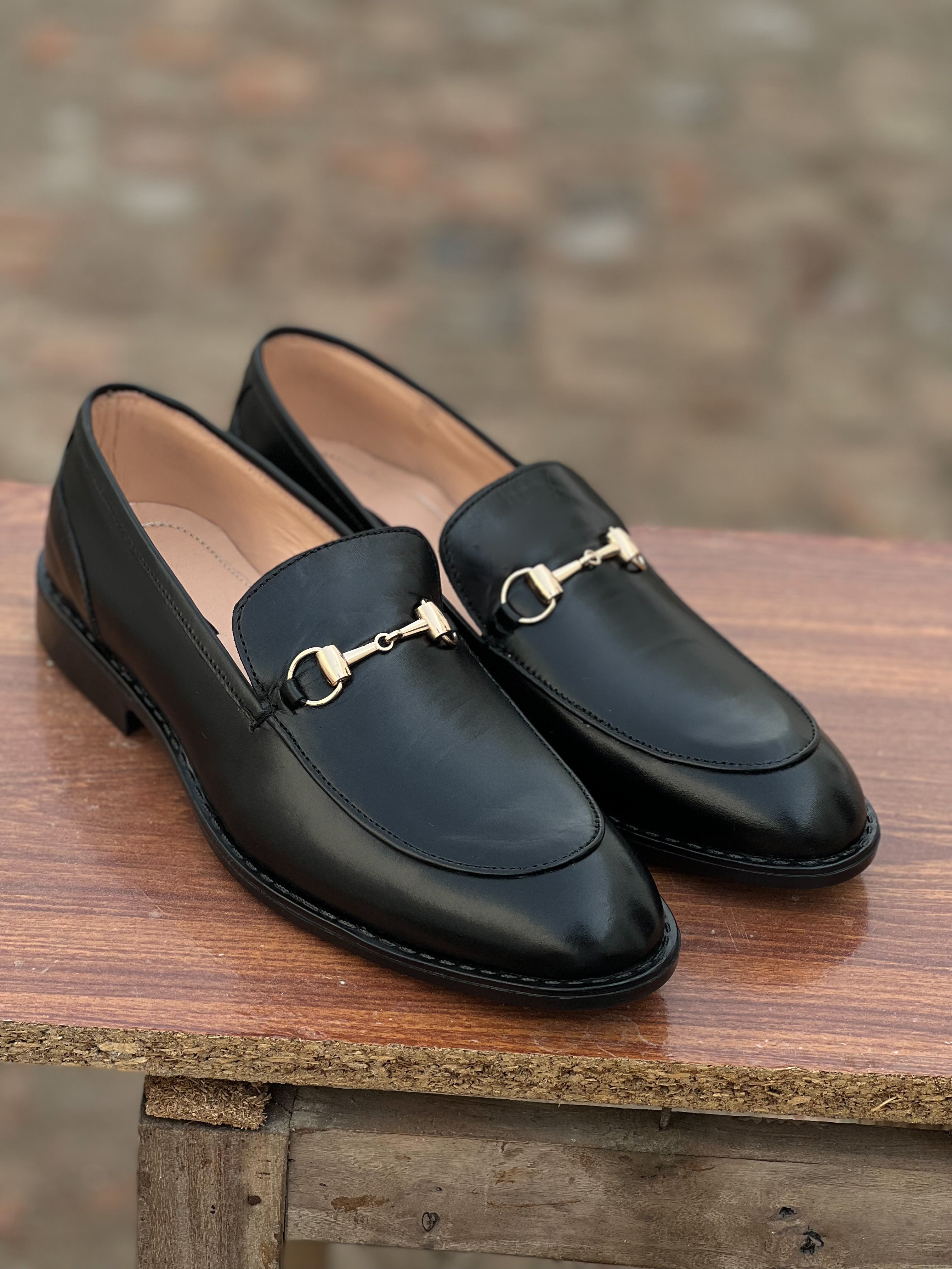 4004-Black Cow Leather Horse bit Formal Loafer Style In Rubber sole - DeVogue