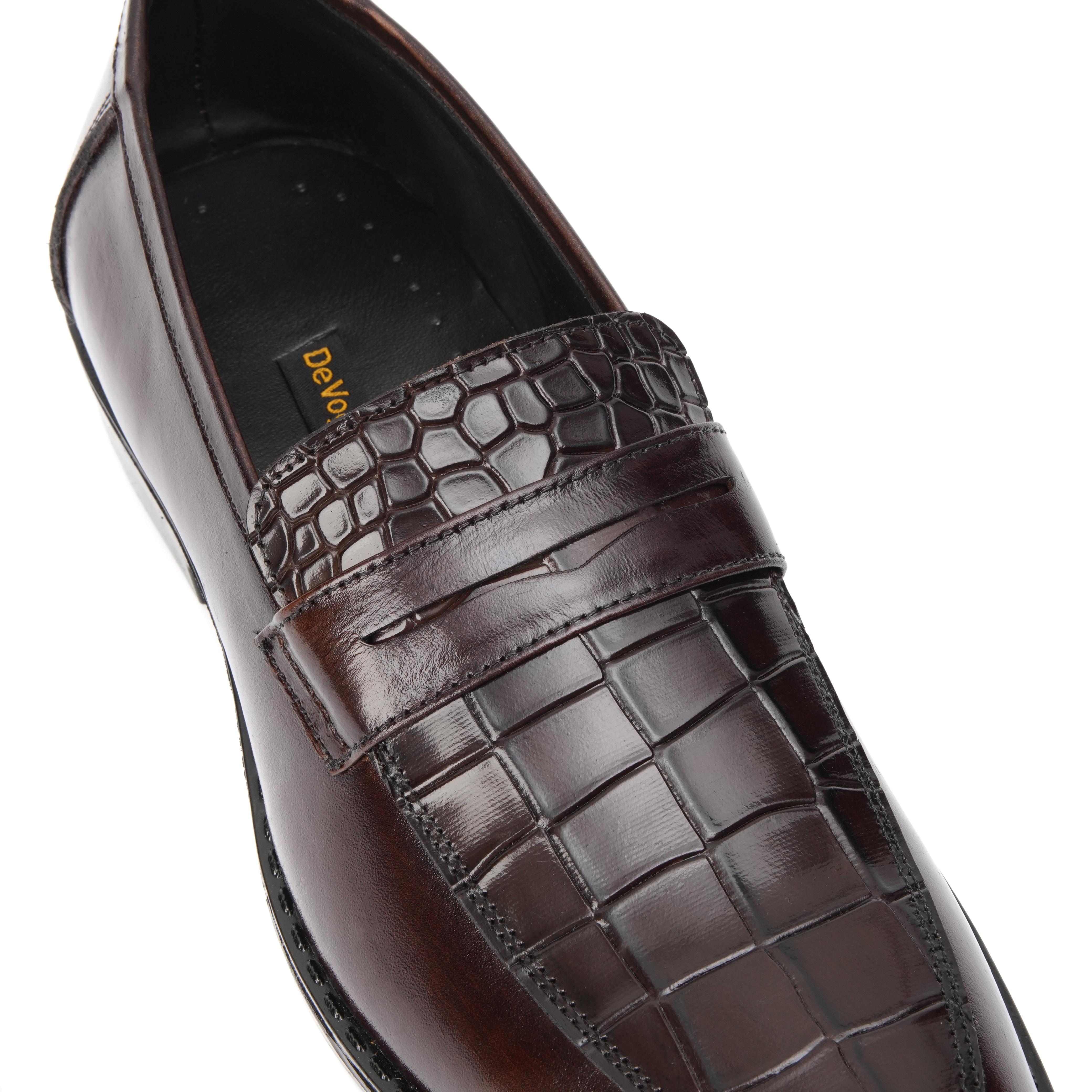 ST-06-Brown Crocodile print Leather Horse bit Formal Loafer Style In Rubber sole - DeVogue