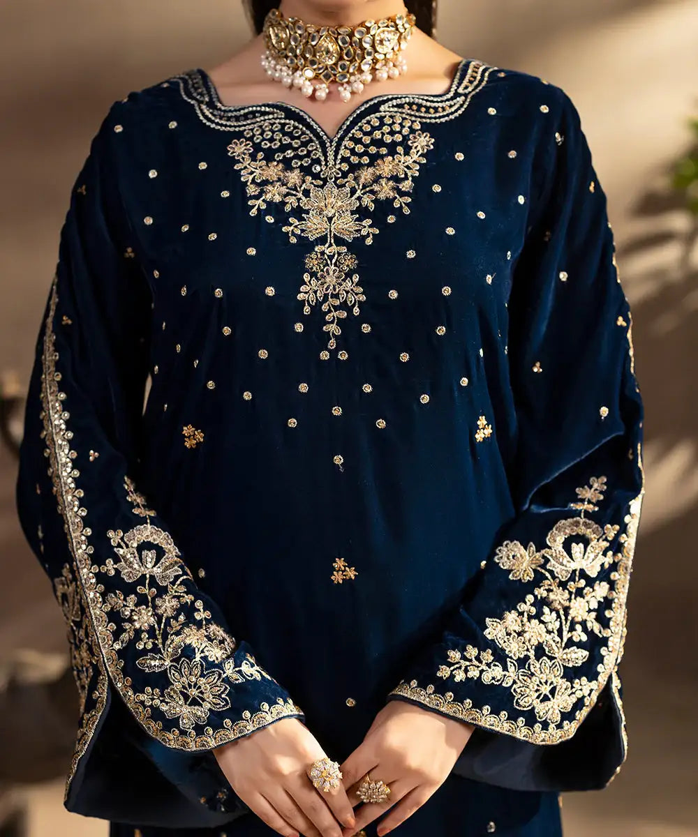 2PC - Embroidered Velvet Suit - Kross Kulture 