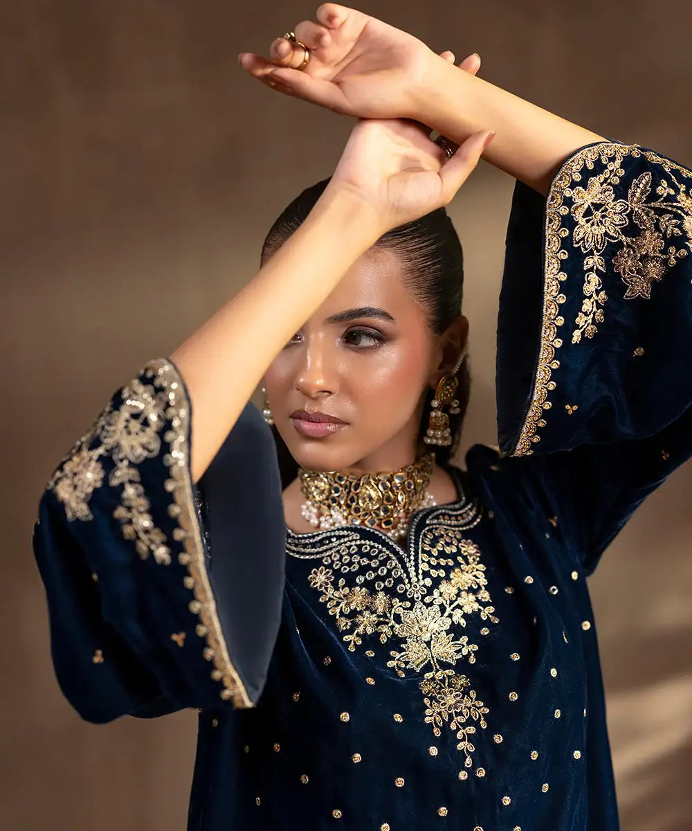 2PC - Embroidered Velvet Suit - Kross Kulture 