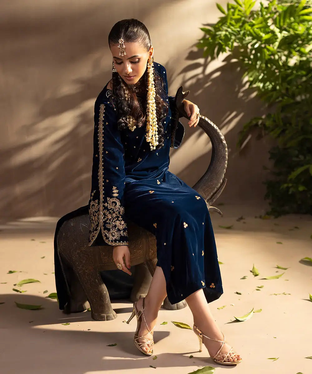 2PC - Embroidered Velvet Suit - Kross Kulture 