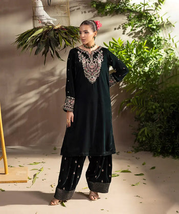 2PC - Embroidered Velvet Suit - Kross Kulture 
