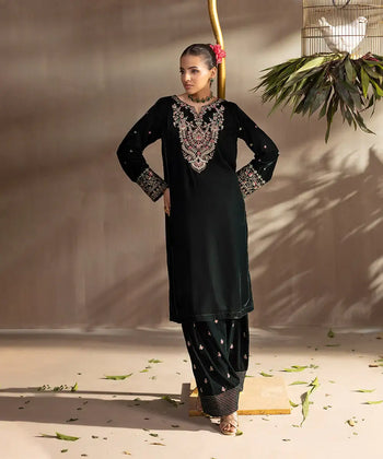 2PC - Embroidered Velvet Suit - Kross Kulture 