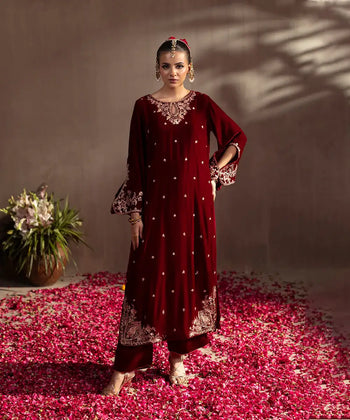 2PC - Embroidered Velvet Suit - Kross Kulture 
