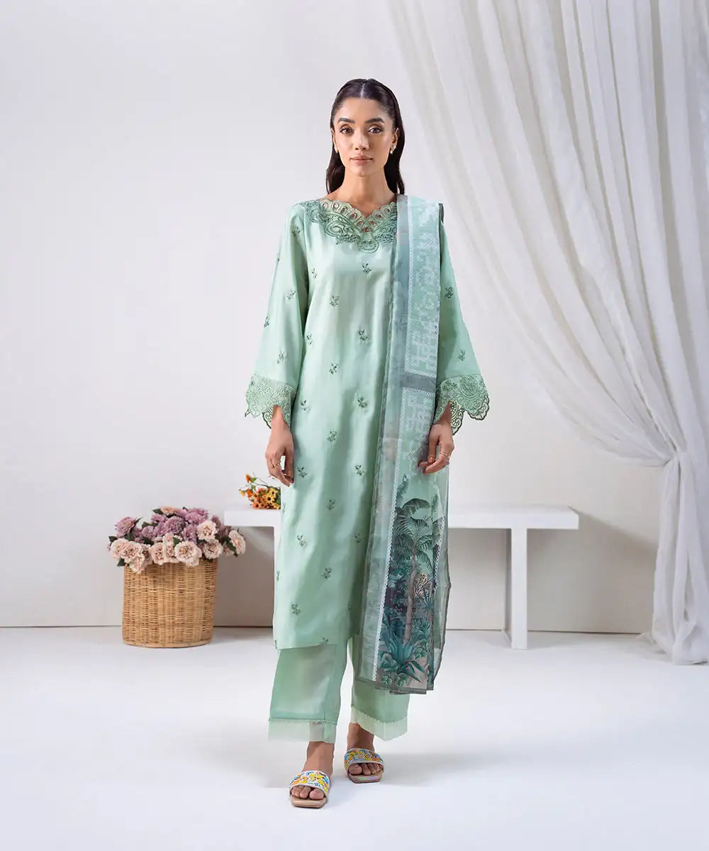 3PC - Embroidered Silk Lawn Suit - Kross Kulture 