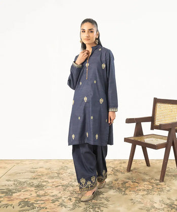 2PC - Embroidered Self Textured Suit - Kross Kulture 