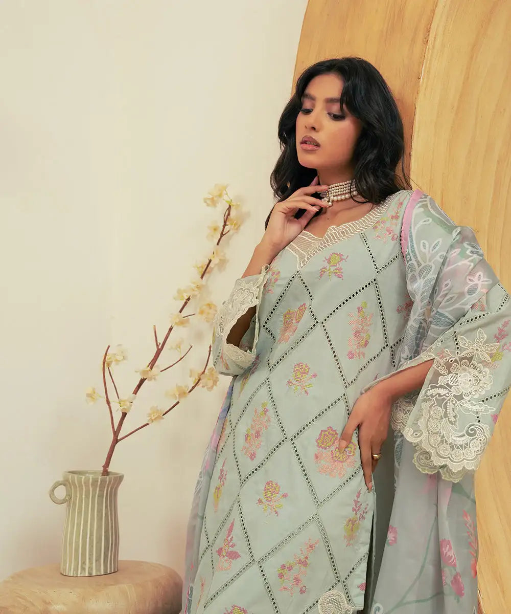 3PC - Embroidered Cambric Suit - Kross Kulture 