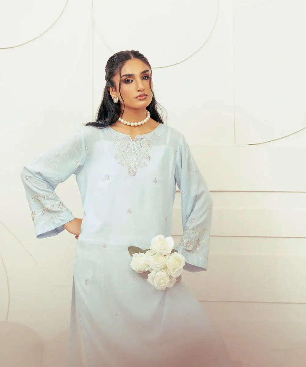 2PC - Embroidered Self Textured Suit - Kross Kulture 