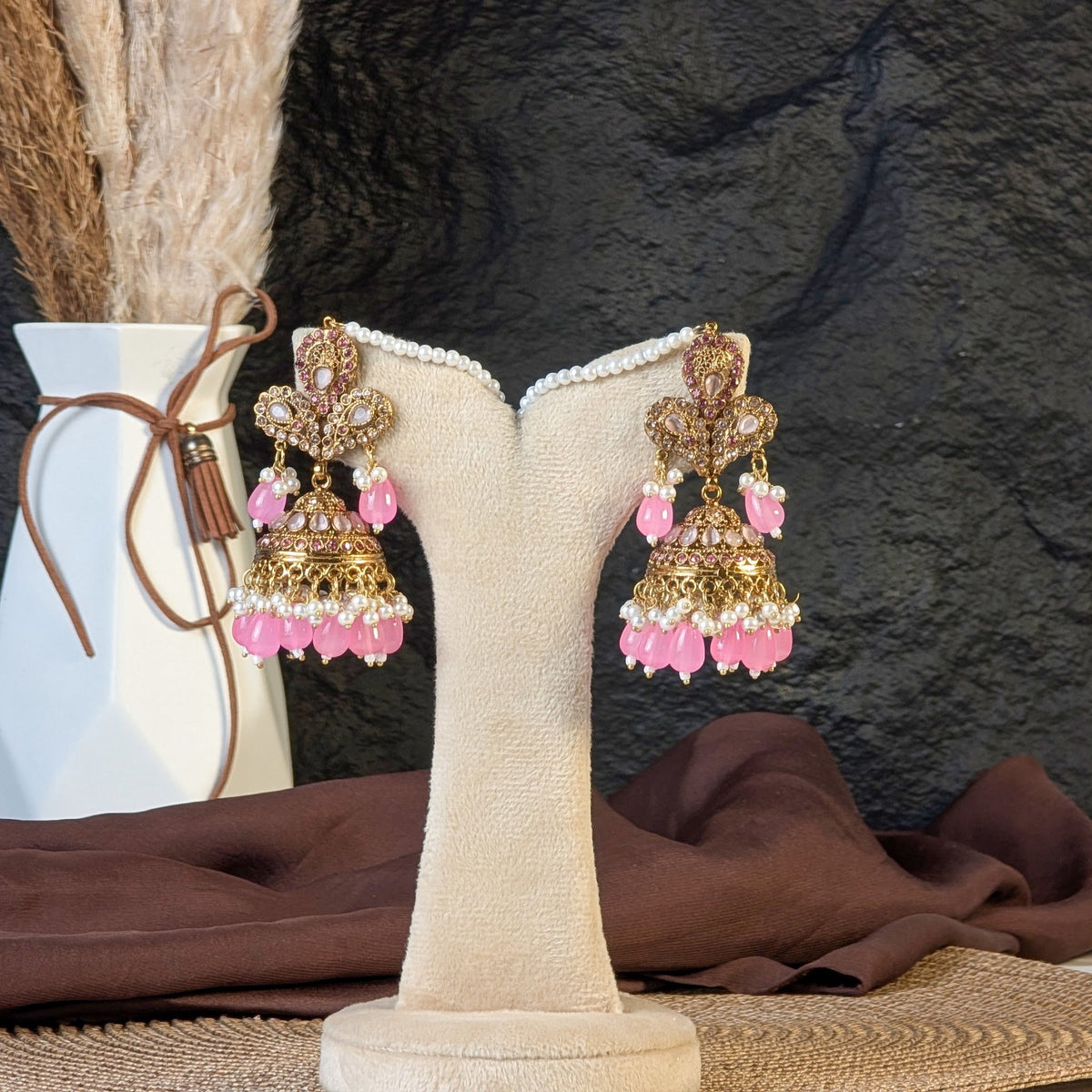 Rose Pink Kundan Jhumka Earrings