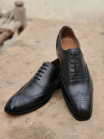 Royal Black Brogue Laced Shoes - Mmall