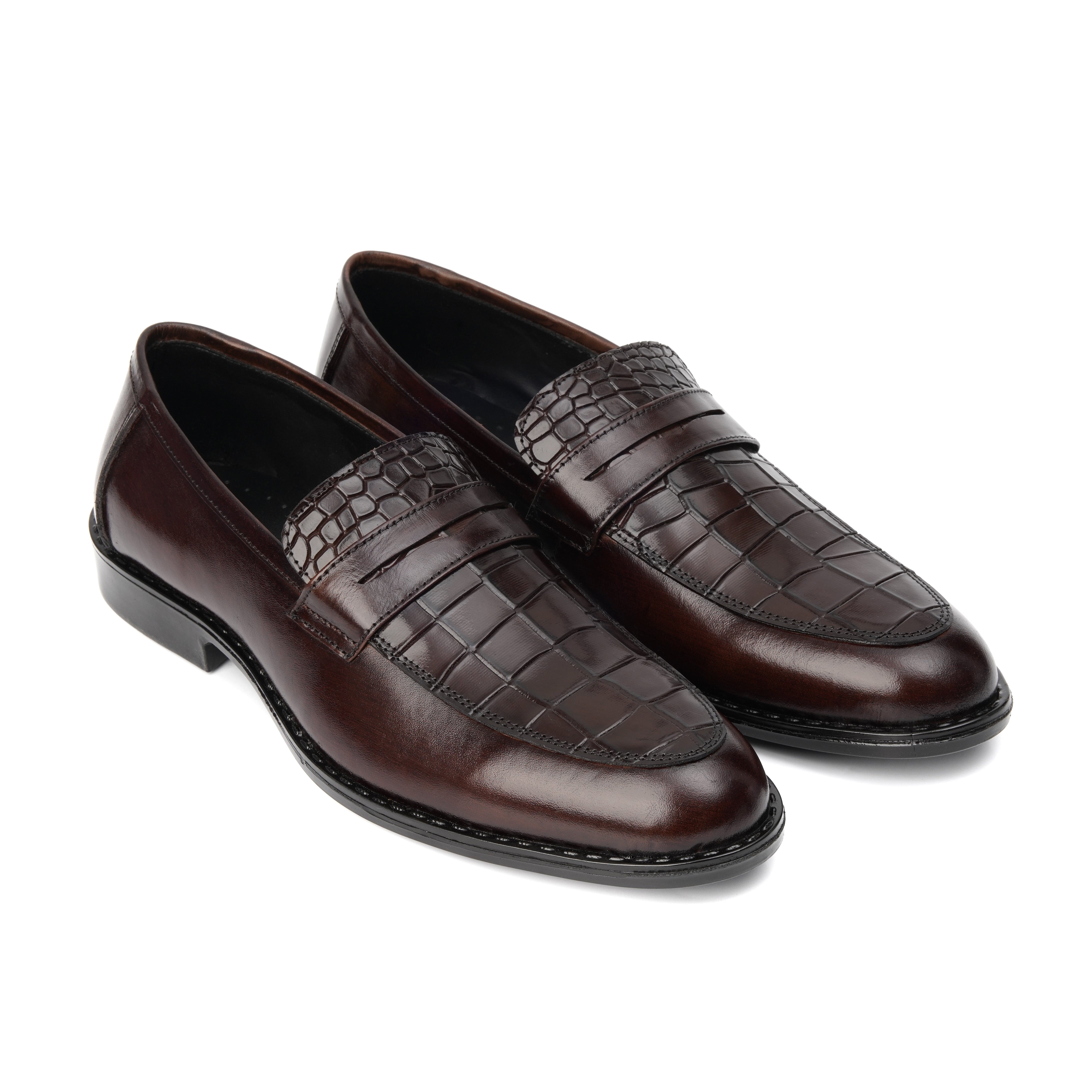 ST-06-Brown Crocodile print Leather Horse bit Formal Loafer Style In Rubber sole - DeVogue