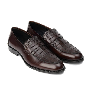 ST-06-Brown Crocodile print Leather Horse bit Formal Loafer Style In Rubber sole - DeVogue