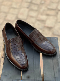ST-06-Brown Crocodile print Leather Horse bit Formal Loafer Style In Rubber sole - DeVogue