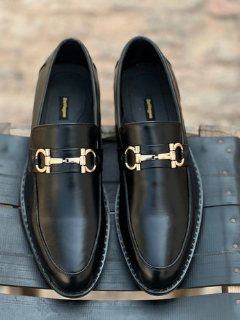 ST-05-Black Cow Leather Horse bit Formal Loafer Style In Rubber sole - DeVogue