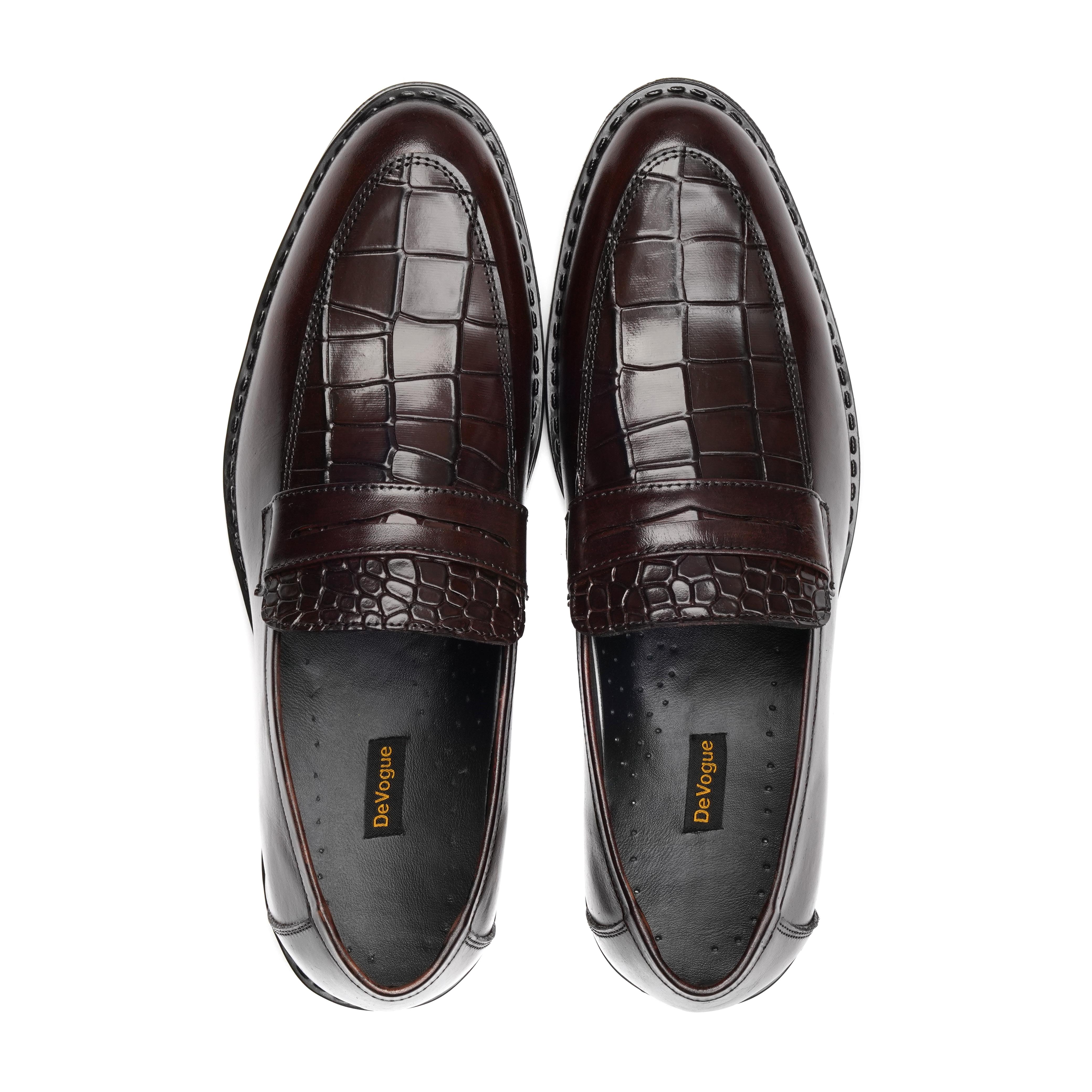 ST-06-Brown Crocodile print Leather Horse bit Formal Loafer Style In Rubber sole - DeVogue