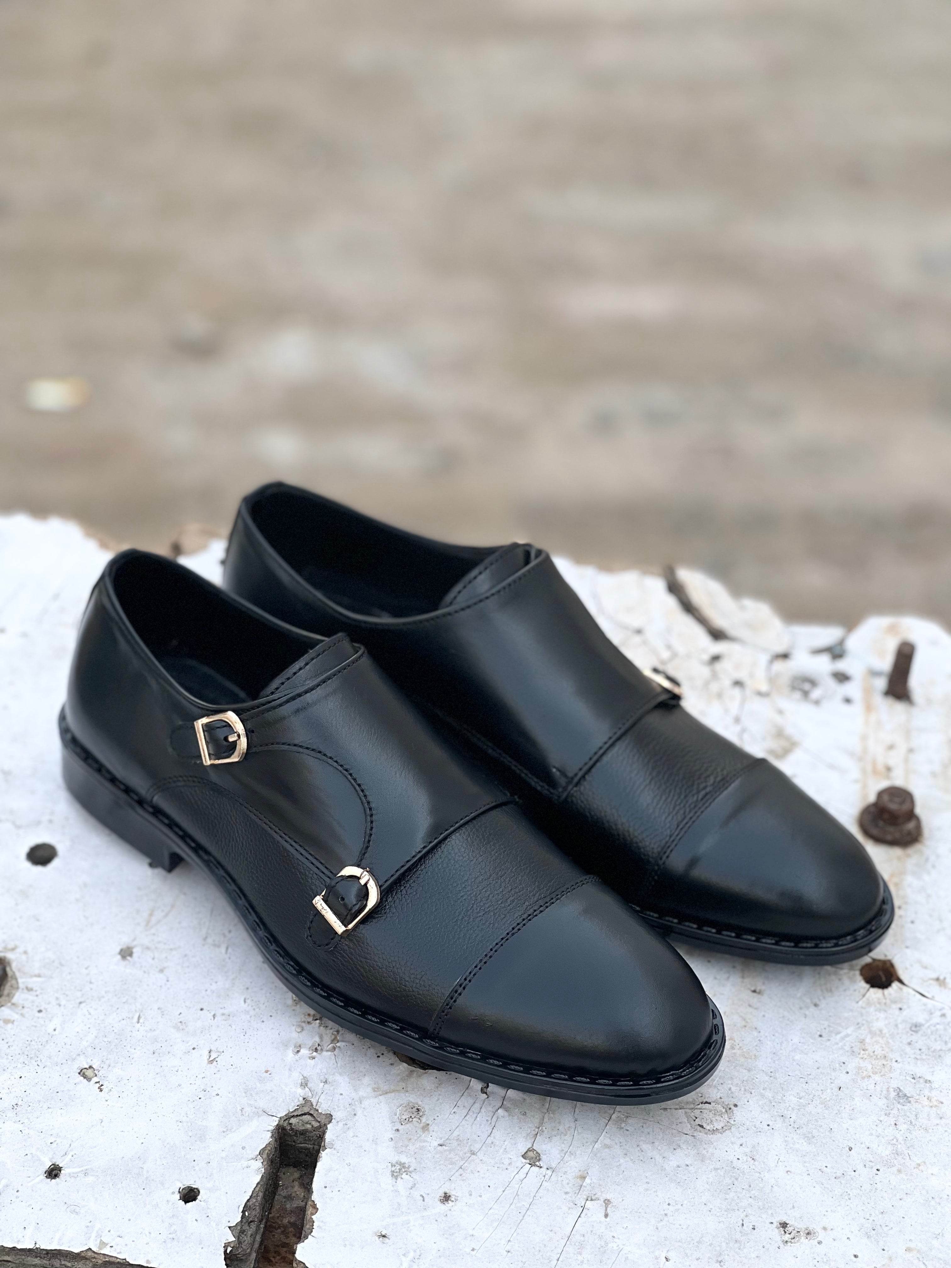 SKU:2011-Black Rubber Sole Cow Leather Formal Double Monk Style - DeVogue